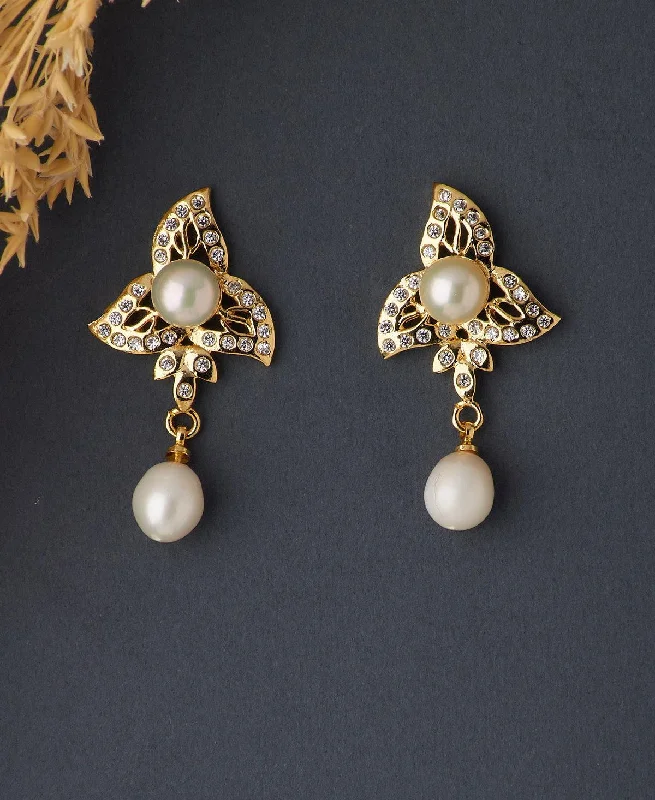 Trendy Silver Earrings For Casual Look-Floral White Pearl Hanging Earring