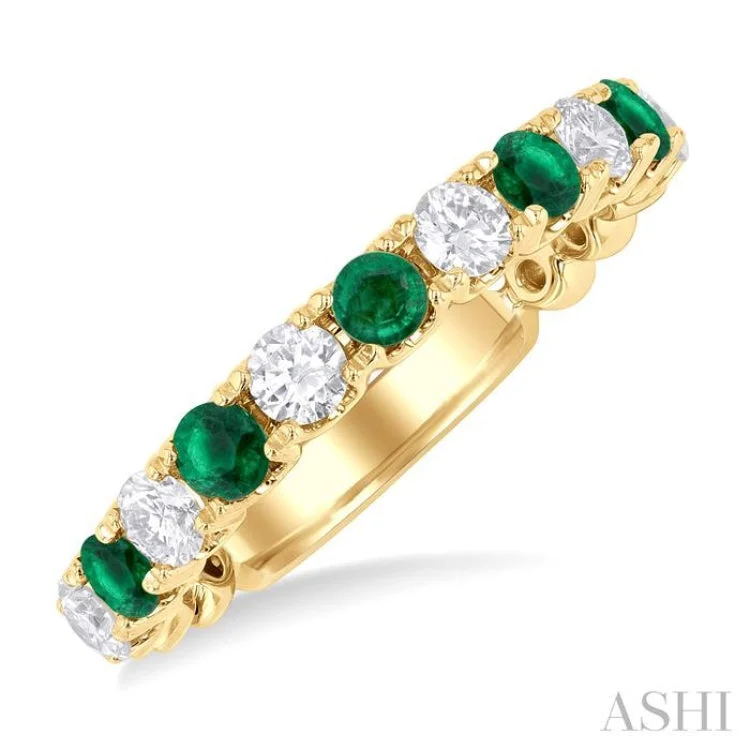 Luxury Sapphire Rings For Wedding Bands-1/2 ctw Round Cut 2.85MM Emerald and Diamond Precious Wedding Band in 14K Yellow Gold