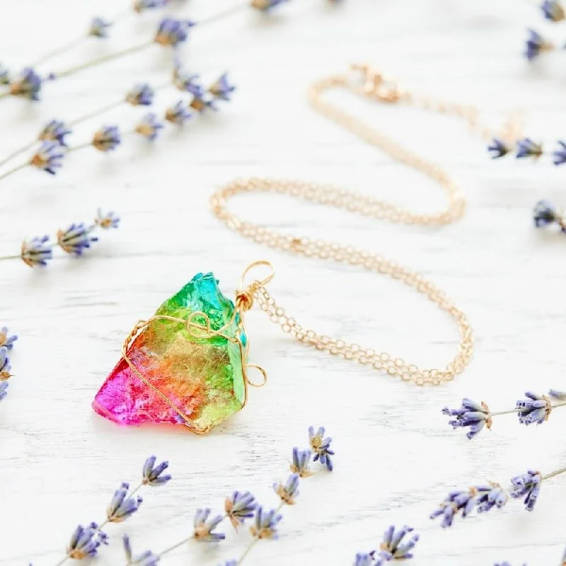 Personalized Pendant Necklace For Anniversary-Rainbow Aura Quartz Necklace