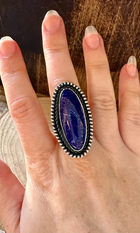 Luxury Custom Engagement Rings For Brides-DEEP OCEAN BLUE Lapis and Silver Ring • Size 6 1/4 & 7 1/2