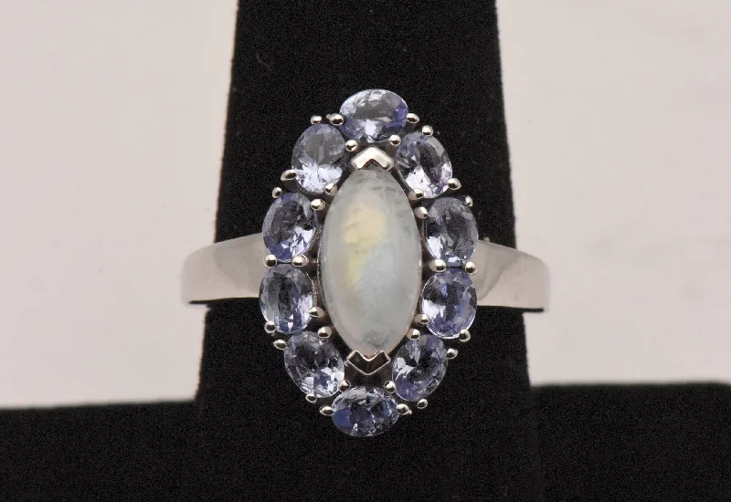 Unique Custom Rings For Wedding Day-Vintage Sterling Silver Rainbow Moonstone and Tanzanite Ring - Size 8