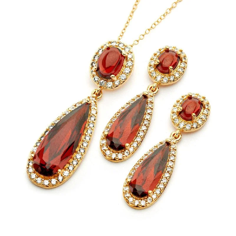 Classic Gold Necklace For Evening Wear-Silver 925 Gold Plated Clear and Red Oval Slim Teardrop CZ Dangling Stud Earring and Dangling Necklace Set - BGS00395