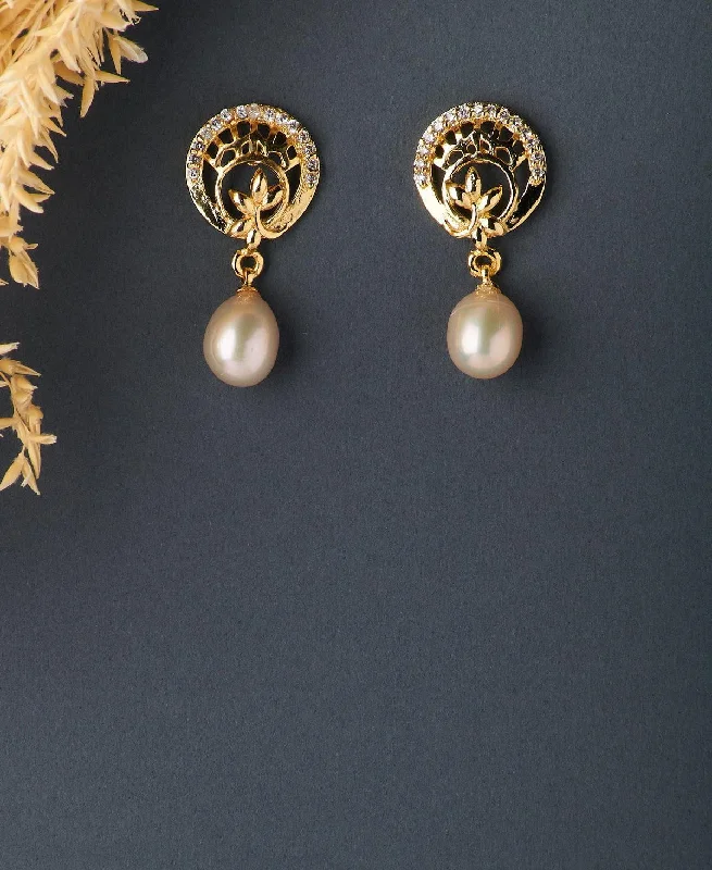 Handcrafted Wooden Earrings For Eco-Friendly Style-Delicate Stone Studded Pearl Hanging Earring