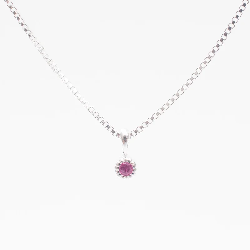 Simple Pendant Necklace For Minimalist Style-Silver Tiny Milgrain Edge Ruby Necklace