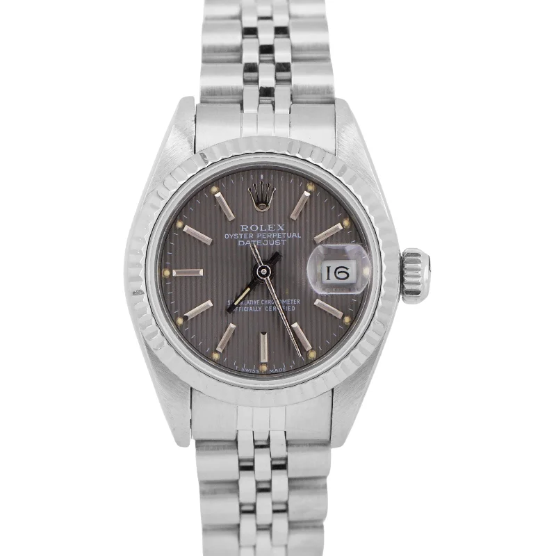 High-End Watch Brands For Men-Rolex DateJust 26mm GRAY TAPESTRY 18K White Gold Steel Fluted JUBILEE 69174 BOX