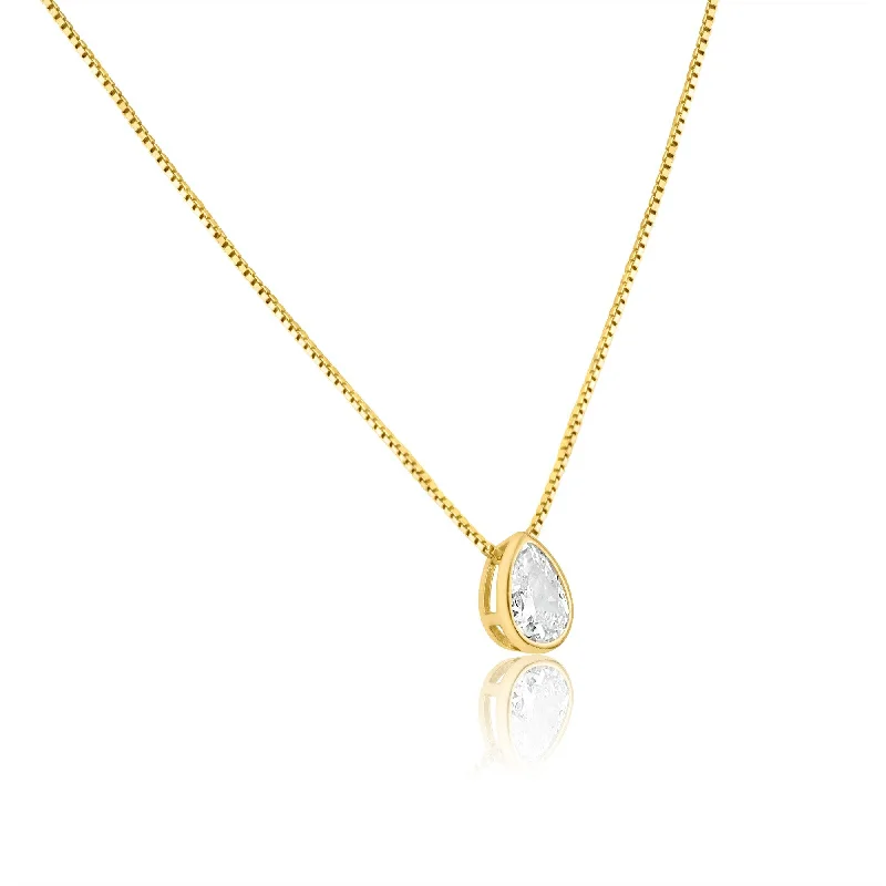 Trendy Name Necklace For Bridesmaids-Gold Plated Teardrop Clear CZ Pendant Necklace - GCP00002GP