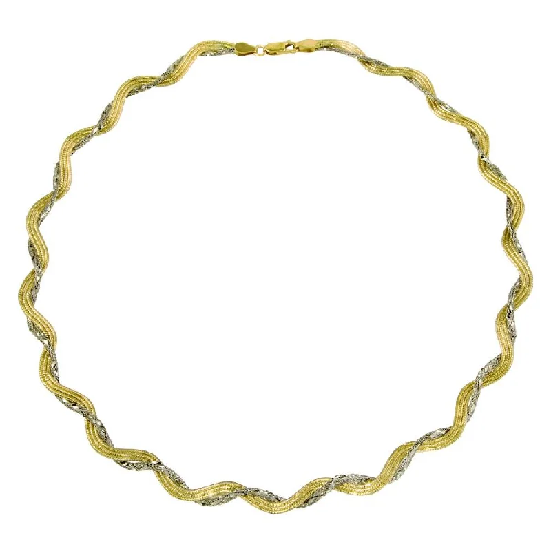 Classic Gold Necklace For Evening Wear-Two-Tone 925 Sterling Silver Gold Plated Braided Mesh and Omega Round Necklace - DIN00008GP-RH