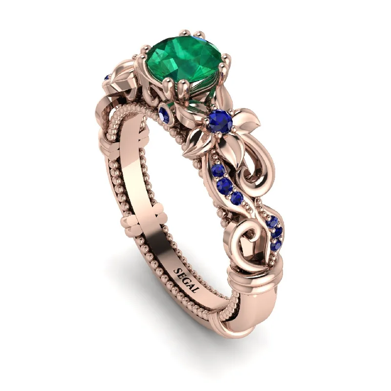 Custom Wedding Rings For Bridesmaids-Vintage Flower Openwork Gold Emerald Engagement Ring - Ann No. 65