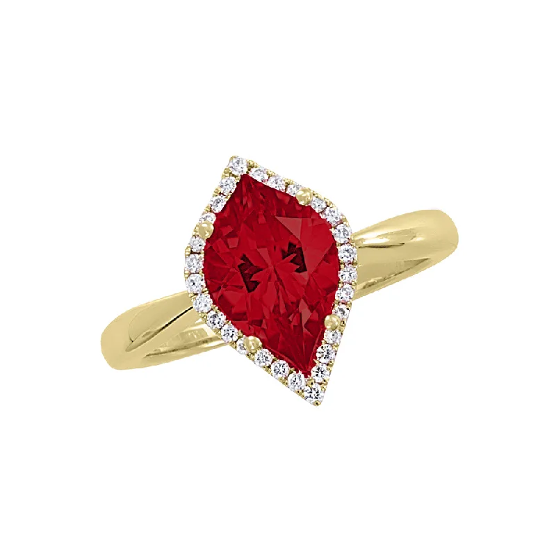 Simple Engagement Rings For Timeless Weddings-14K yellow gold ring with an 11x7mm flame cut Chatham lab grown ruby and Chatham lab grown diamond halo accents.