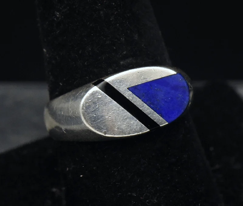 Trendy Wedding Bands For Modern Couples-Vintage Sterling Silver Lapis Lazuli and Black Onyx Modern Design Ring - Size 9