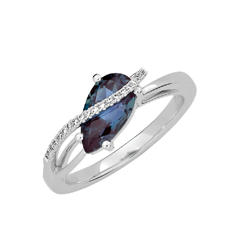 Unique Diamond Rings For Engagement Day-14K white gold ring featuring a 10x5.5mm pear-cut Chatham lab grown alexandrite with Chatham lab grown diamond accents.