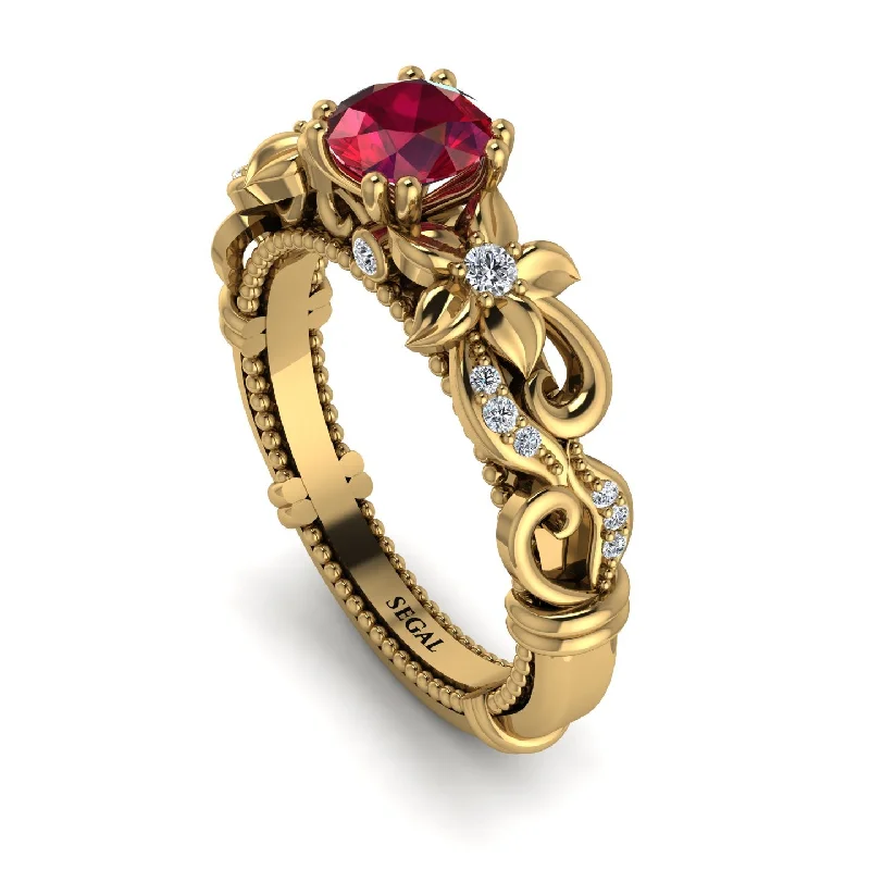 Handmade Custom Wedding Rings For Couples-Vintage Flower Openwork Gold Ruby Engagement Ring - Ann No. 10