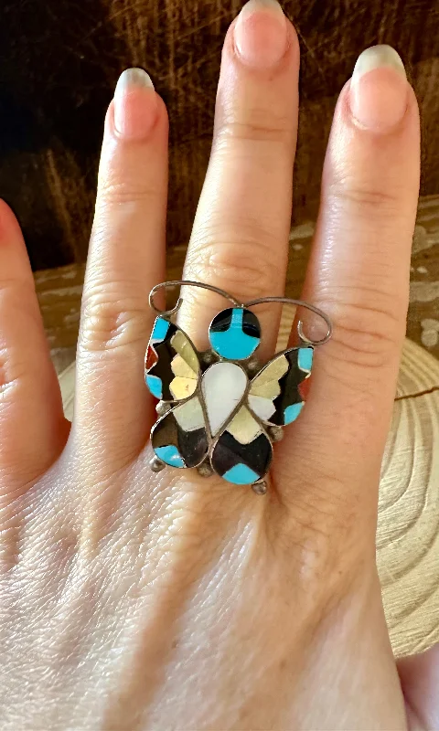 Classic Wedding Rings With Emerald Stones-TAKING FLIGHT Allison Dishta Inlay Butterfly Zuni Ring • Size 9