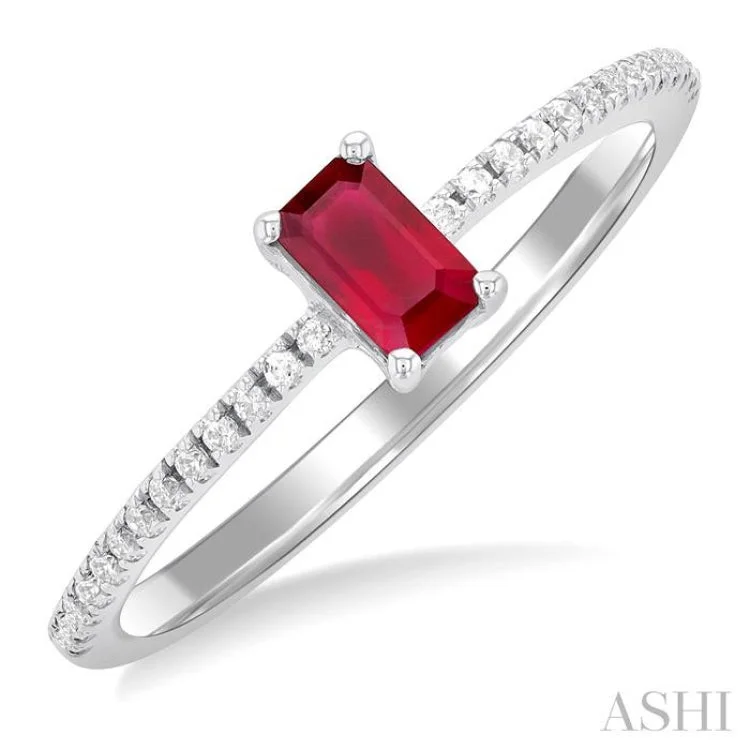 Classic Wedding Rings With Sapphire Details-1/10 ctw Petite 5X3MM Emerald Cut Ruby and Round Cut Diamond Precious Fashion Ring in 10K White Gold