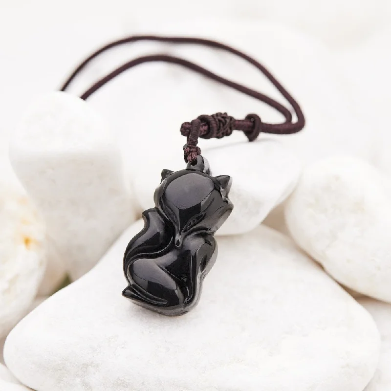 Elegant Heart Pendant Necklace For Fashionistas-Obsidian Dragon Fox Protection Necklace