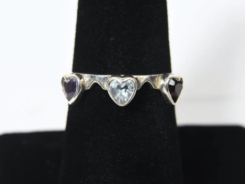 Unique Rose Gold Wedding Bands For Bridesmaids-Blue Topaz, Red Garnet, Amethyst Hearts Sterling Silver Ring - Size 6.75