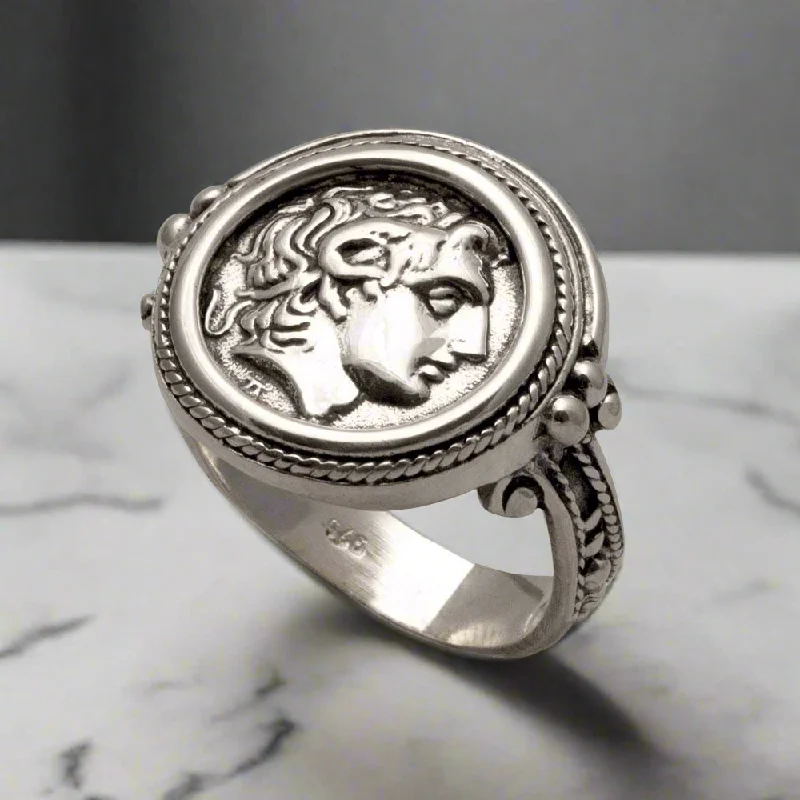 Sparkling Diamond Rings For Wedding Day-Alexander the Great Portrait Coin Ring in Sterling Silver (DT-108)