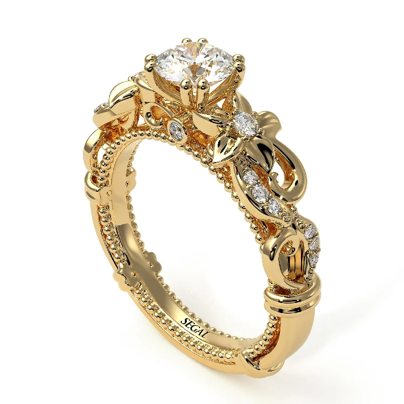 Classic Wedding Rings With Diamond Accents-Vintage Flower Openwork Gold Diamond Engagement Ring - Ann No. 1