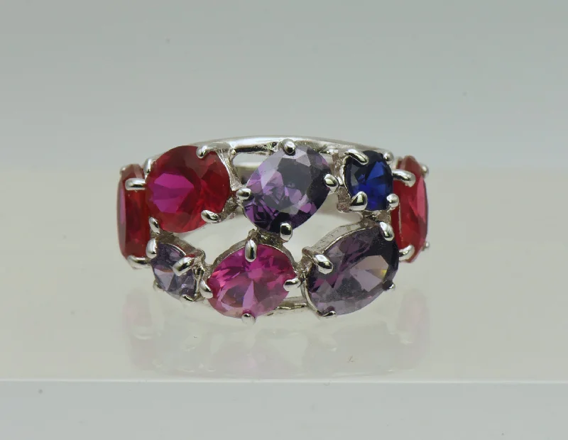 Sparkling Diamond Wedding Rings For Grooms-Vintage Sterling Silver Synthetic Ruby and Sapphires, CZ Ring - Size 6.25