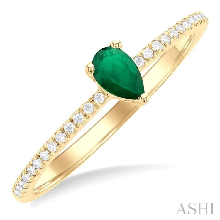 Simple Gemstone Rings For Casual Wear-1/10 ctw Petite 5X3MM Pear Cut Emerald and Round Cut Diamond Precious Fashion Ring in 10K Yellow Gold