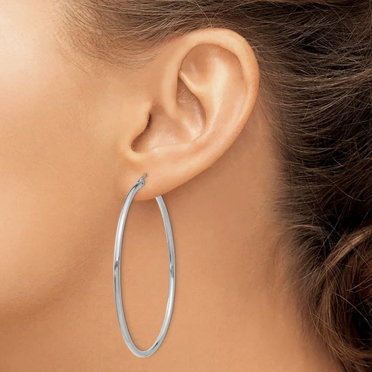 Handmade Earrings With Natural Materials-14k White Gold Polished 2x55mm Lightweight Tube Hoop Earrings