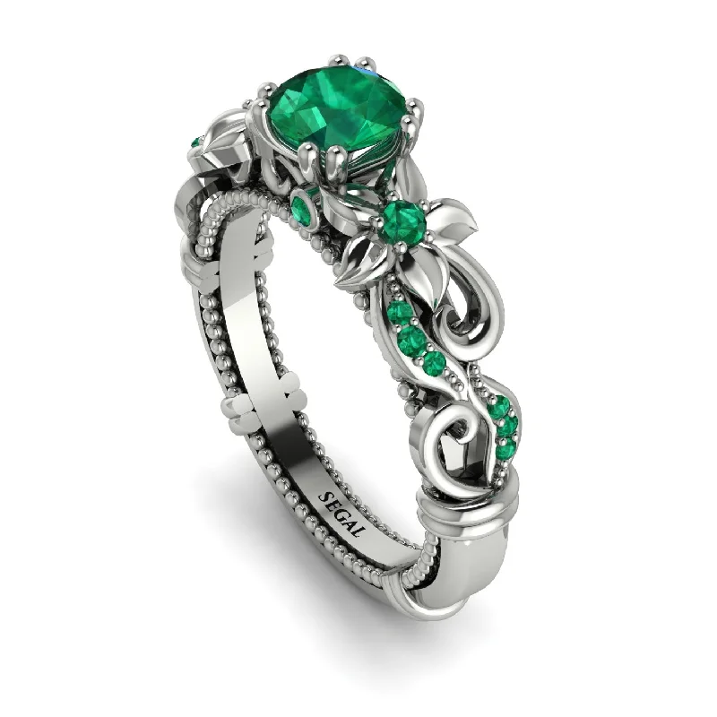 Personalized Wedding Rings For Fashion-Forward Couples-Vintage Flower Openwork Gold Emerald Engagement Ring - Ann No. 21