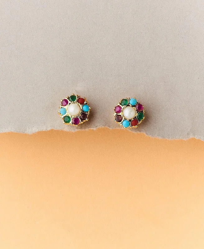 Dainty Gold Earrings For Everyday Use-Navaratna Pearl Studded Earring