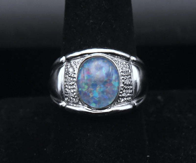 Sparkling Gold Rings For Engagement Gifts-Vintage Opal Triplet and Diamonds Sterling Silver Ring - Size 9.25