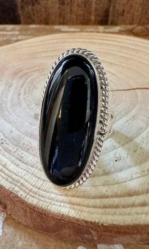 Custom Gold Rings For Engagement Day-BLACK ONYX BEAUTY Silver Ring • Size 8