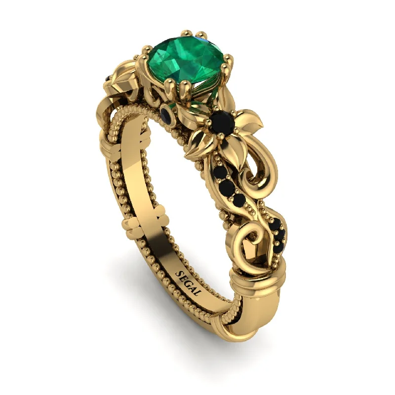 Classic Wedding Rings For Elegant Bridesmaids-Vintage Flower Openwork Gold Emerald Engagement Ring - Ann No. 34