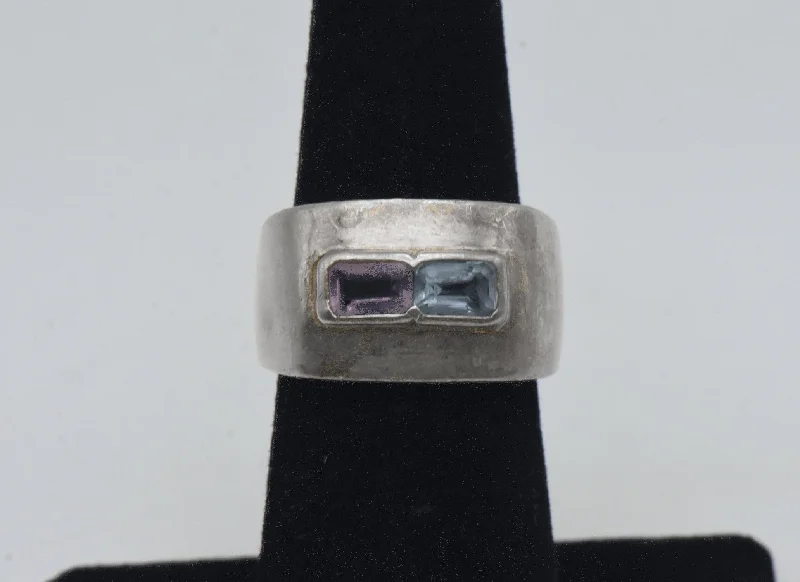 Classic Gold Wedding Rings For Engagement Day-Vintage Blue Topaz and Amethyst Sterling Silver Ring - Size 5.75