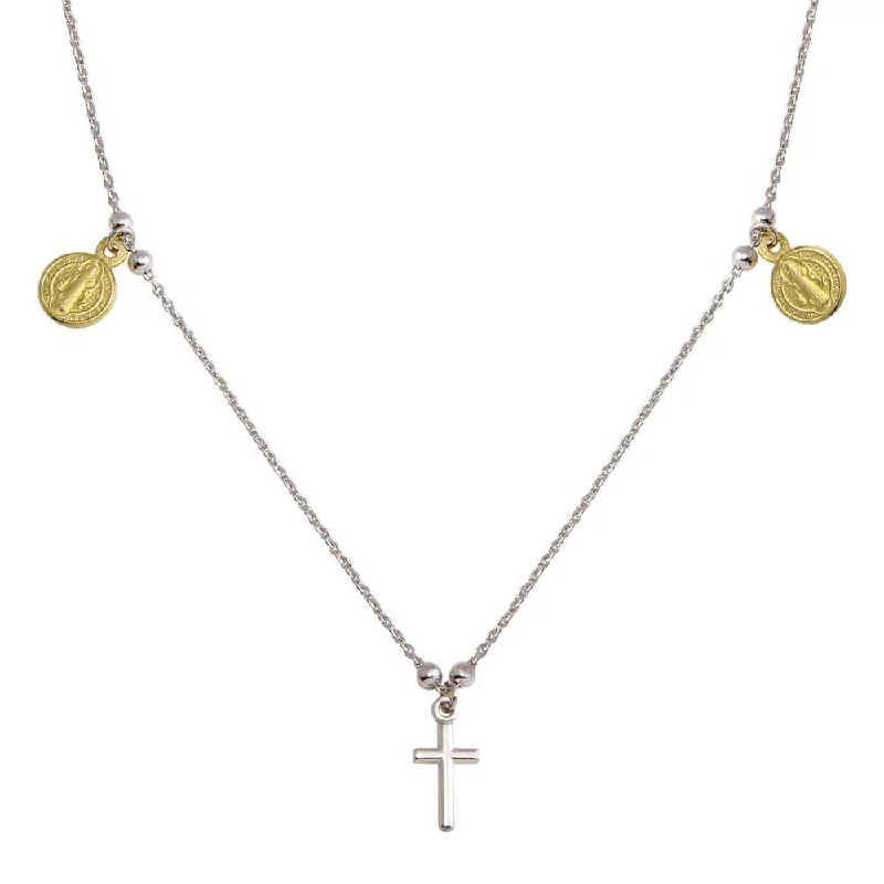 Handcrafted Gold Necklace For Weddings-Two-Tone 925 Sterling Silver Rhodium Gold Plated Cross With Religious Charms Necklace - ARN00049RH-GP