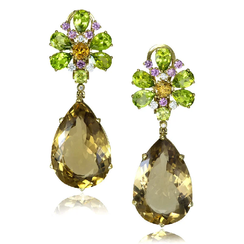 Gold Earrings With Amethyst For Fashion-Gold Blossom Pear Earrings with Champagne Quartz