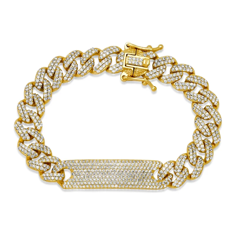 Silver And Crystal Bracelets For Fashion-CZ ENCRUSTED CUBAN LINK ID BRACELET, GOLD