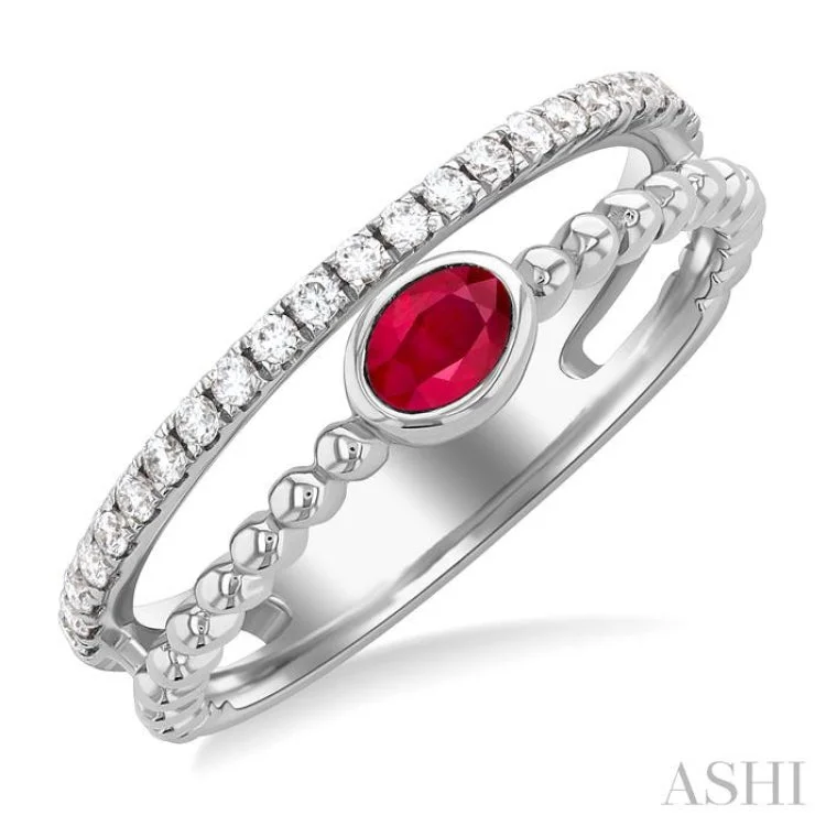 Classic Wedding Rings With Gemstone Details-1/5 ctw round Cut Diamonds and 4X3MM Oval Shape Ruby Precious Fashion Split Twin Ring in 10K White Gold