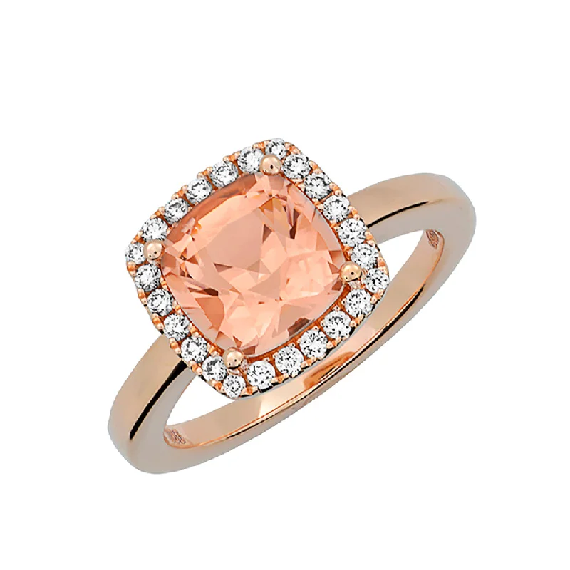 Personalized Stacking Rings For Wedding Bands-14K rose gold ring presenting an 8mm century-cut Chatham lab grown champagne sapphire with a halo of Chatham lab grown diamonds.