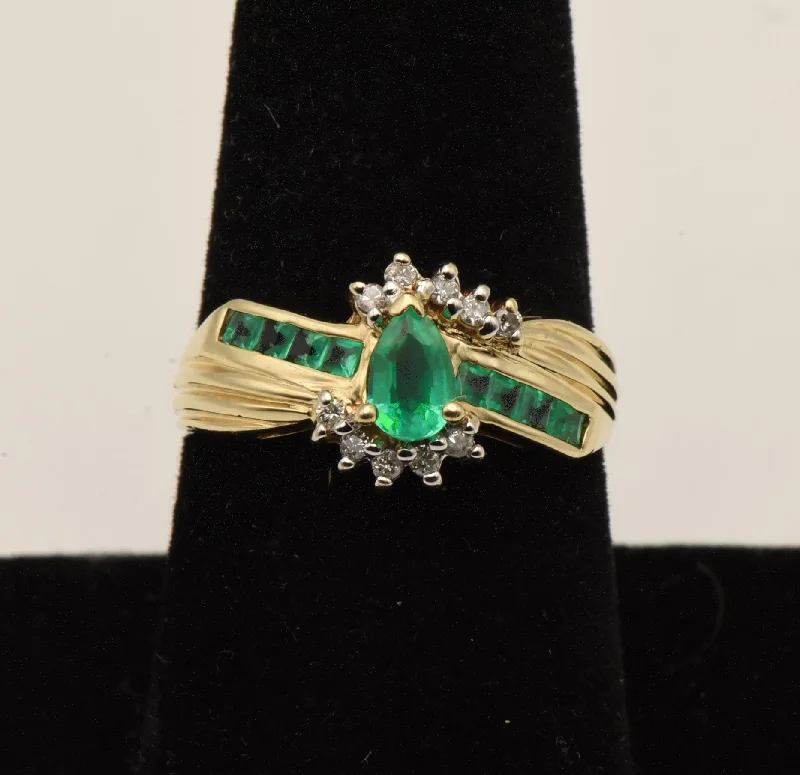 Unique Gemstone Wedding Rings For Grooms-Vintage 14K Gold Synthetic Emerald and Diamonds Ring - Size 8