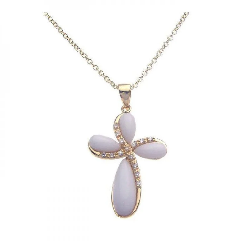 Personalized Family Pendant Necklace For Gifts-Silver 925 Gold Plated Ivory Cross CZ Necklace - BGP00259