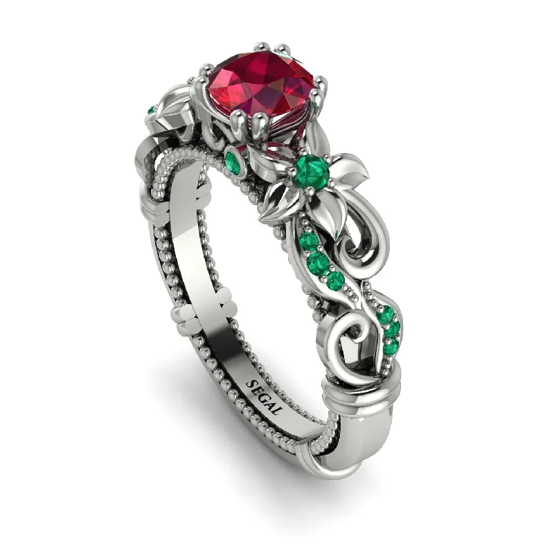 Elegant Wedding Rings For Custom Designs-Vintage Flower Openwork Gold Ruby Engagement Ring - Ann No. 27