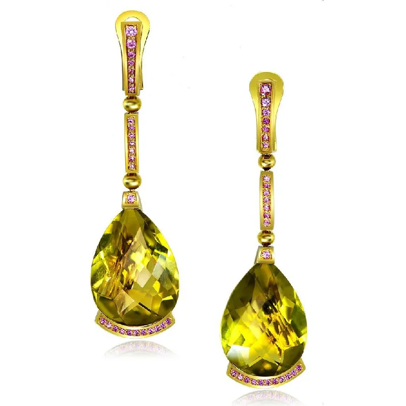 Trendy Pearl Earrings For Casual Outfits-Gold Swan Earrings with Lemon Citrine & Pink Sapphires