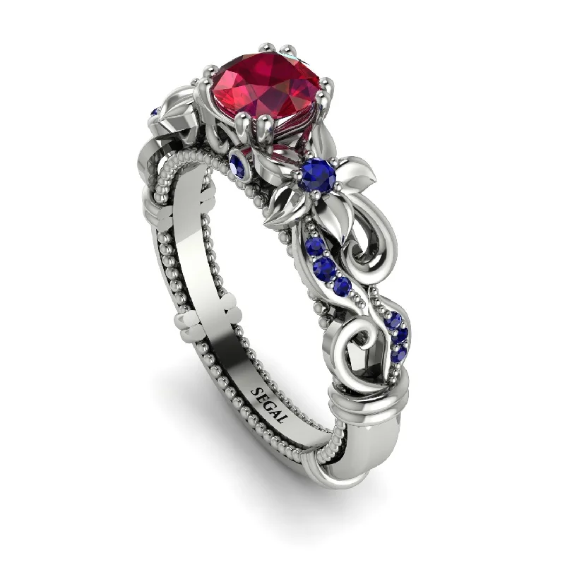 Elegant Wedding Bands For Simple Brides-Vintage Flower Openwork Gold Ruby Engagement Ring - Ann No. 72