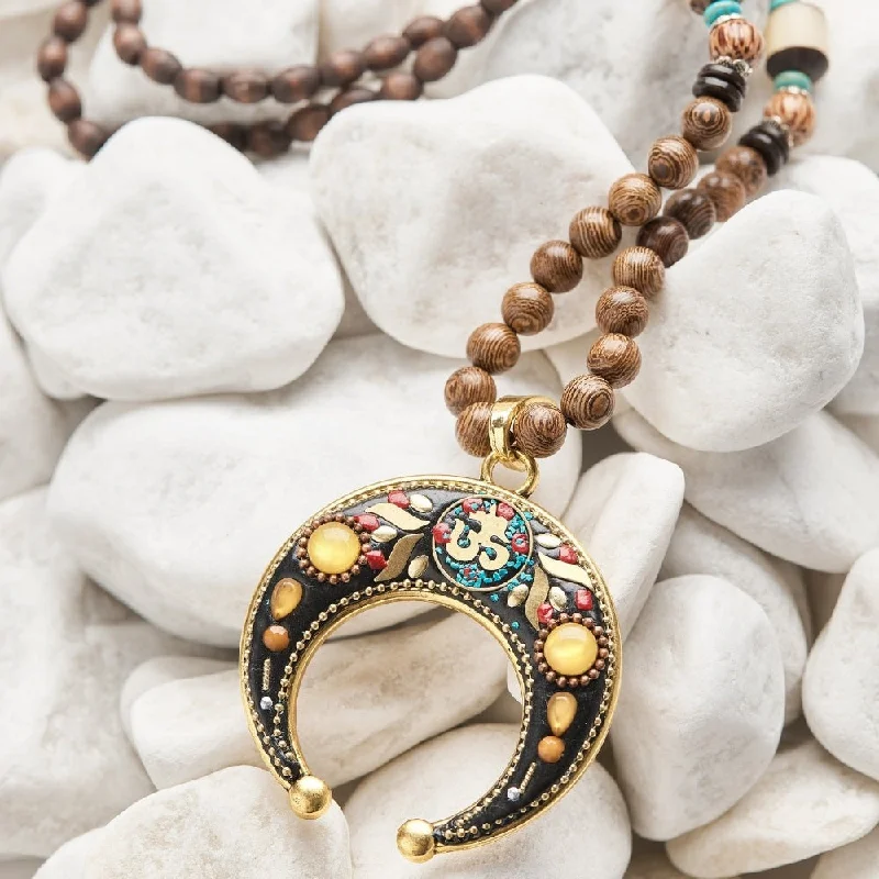 Classic Gold Necklace For Weddings-Spiritual Wooden Bead Om Mindfulness Necklace