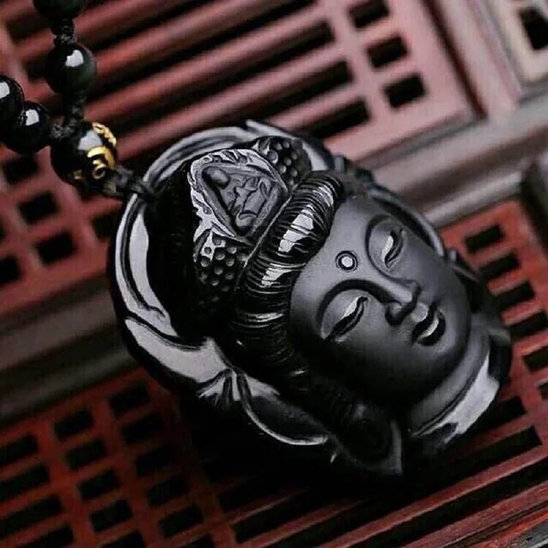 Personalized Chain Necklace For Fashion Lovers-Black Buddha Obsidian Stone Necklace