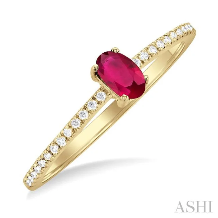 Custom Men’s Wedding Rings For Special Moments-1/10 ctw Petite 5X3MM Oval Cut Ruby and Round Cut Diamond Precious Fashion Ring in 10K Yellow Gold