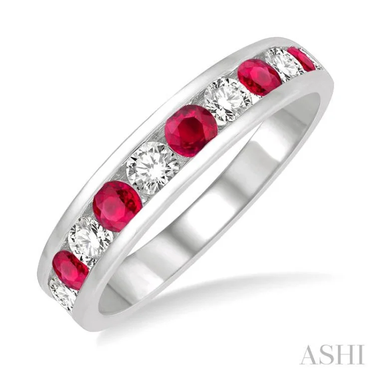 Custom Gemstone Rings For Anniversary Gifts-1/2 ctw Round Cut Diamond and 2.9MM Ruby Precious Wedding Band in 14K White Gold