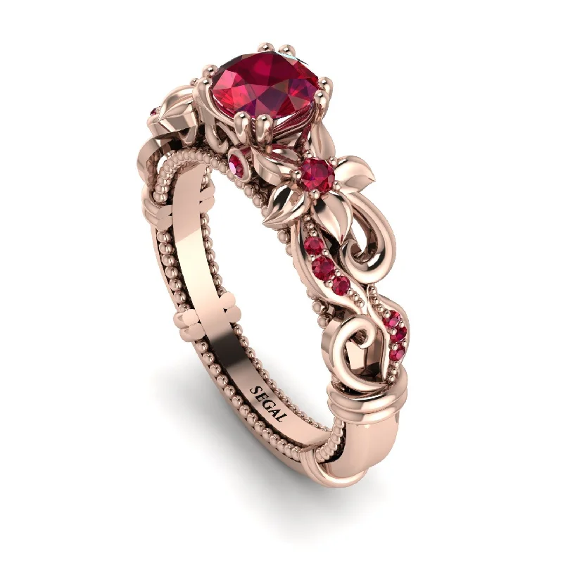 Elegant Rose Gold Rings For Wedding Day-Vintage Flower Openwork Gold Ruby Engagement Ring - Ann No. 56