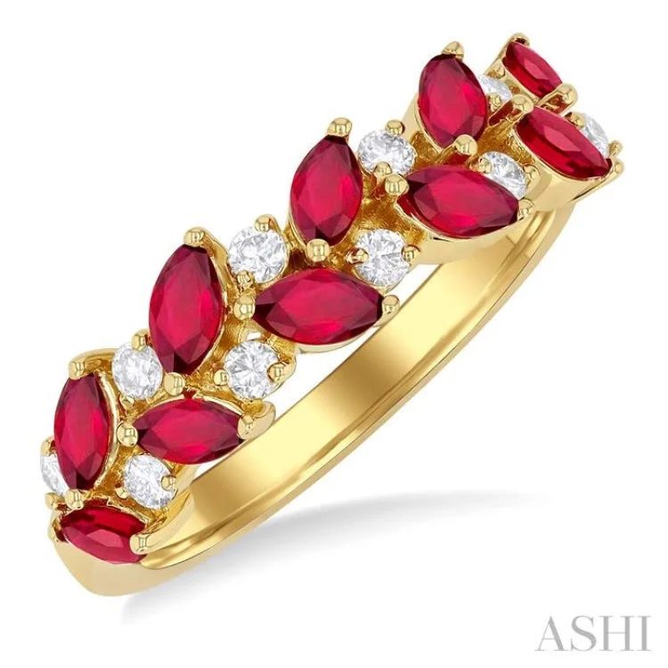 Elegant Gemstone Rings For Special Occasions-1/5 ctw Leafy 4X2MM Marquise Cut Ruby and Round Cut Diamond Precious Band in 14K Yellow Gold