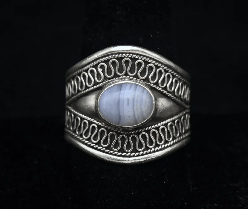 Custom Wedding Bands With Personal Engravings-Vintage Blue Lace Agate Sterling Silver Ring - Size 10.75