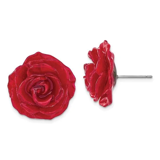 Vintage Gold Earrings For Weddings-Lacquer Dipped Red Real Rose Post Earrings