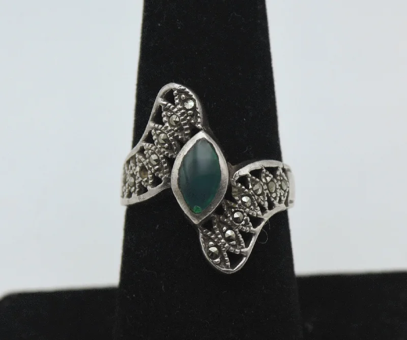 Classic Gemstone Wedding Rings For Bridesmaids-Vintage Sterling Silver Green Enamel and Marcasite Bypass Ring - Size 7